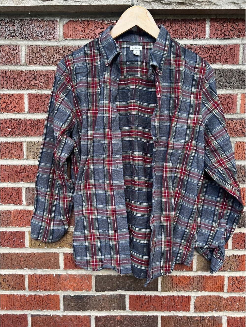 L.L. Bean Gray and Red Plaid Button Down Flannel Shirt